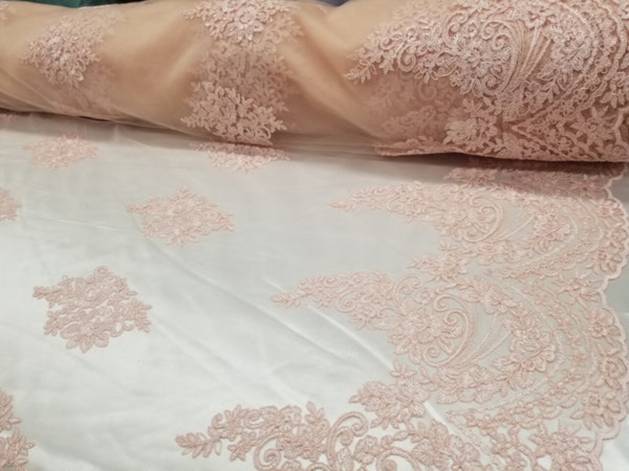 1 Yard Pink French Floral Mesh Lace Fabric for Bridal Dresses and Decor 50/54 Inch Width
